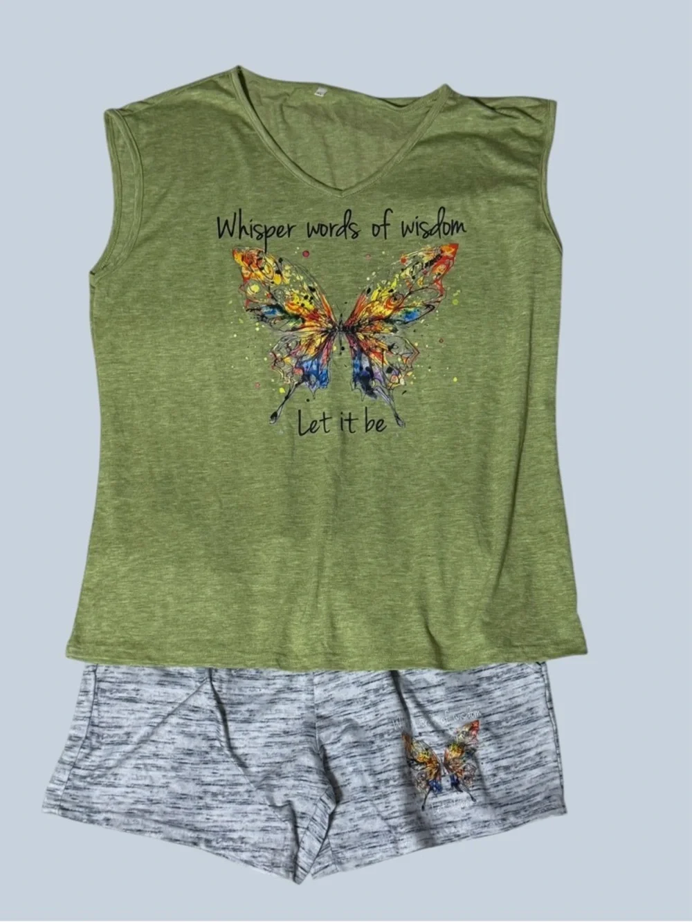 Whisper Words of Wisdom, LET IT BE Green Butterfly Top and Gray Shorts Set
